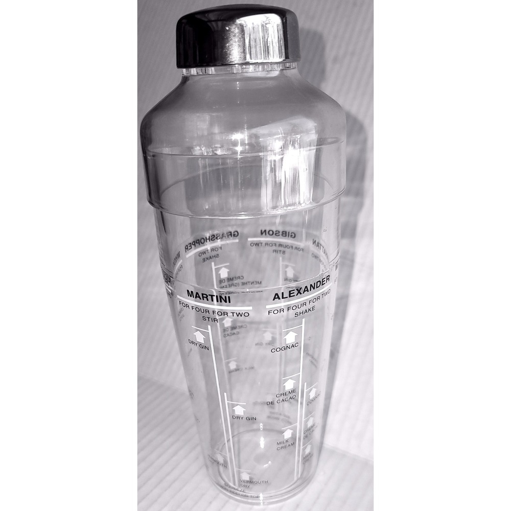 Clear Acrylic Cocktail Shaker with Printed Drink Recipes and Measurements 9.5"‎
